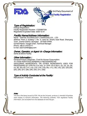 Document d'enregistrement FDA Food Facility